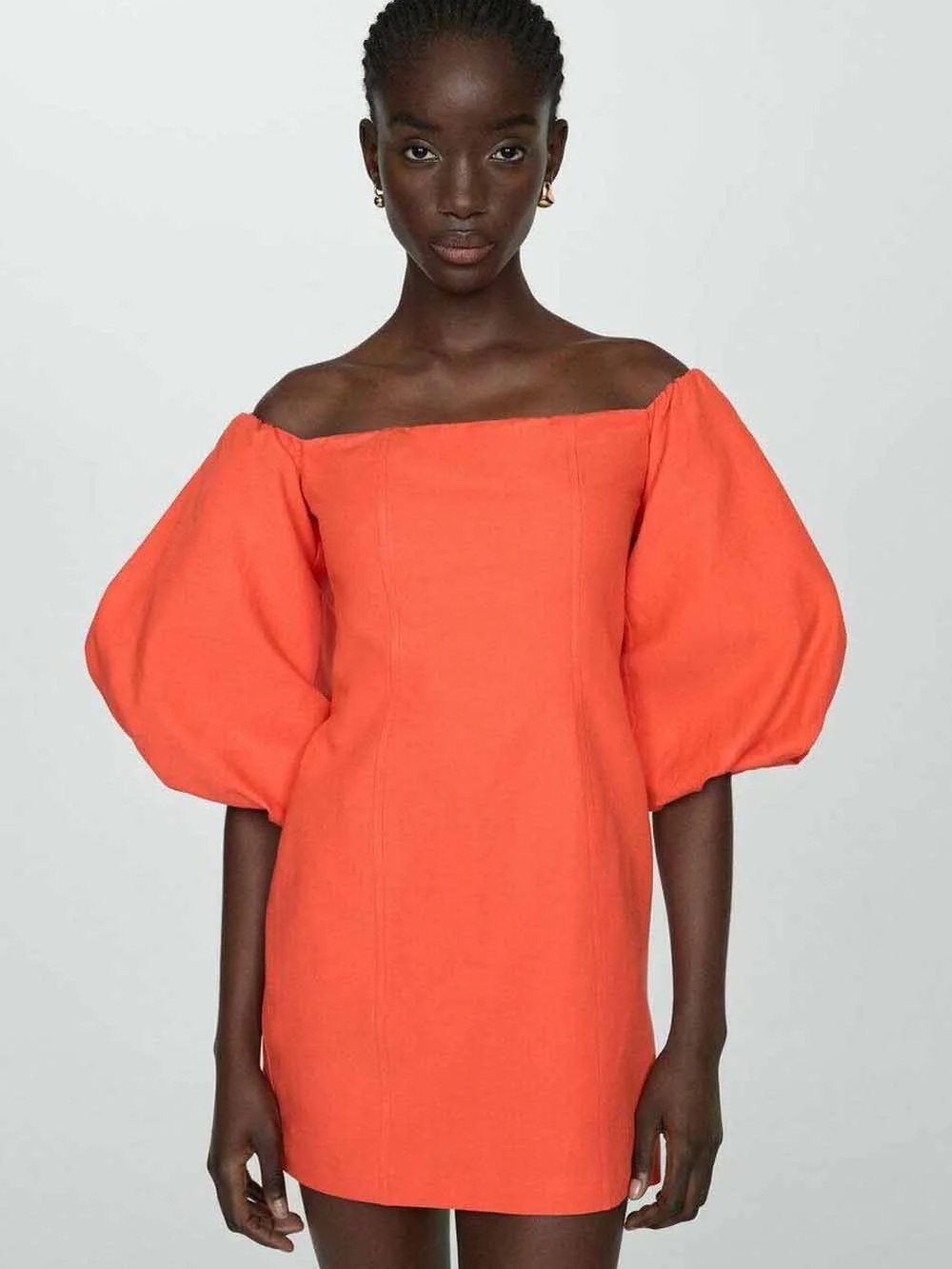 Mango Coral Off-Shoulder Puff Sleeve Mini Dress